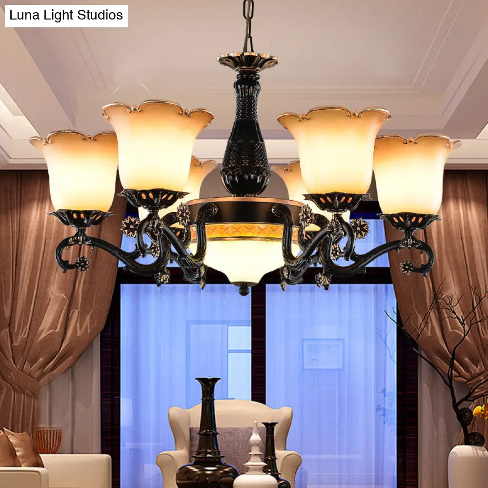 Floral Pendant Chandelier With Frosted Glass And Bulbs - Black Hanging Light For Bedroom