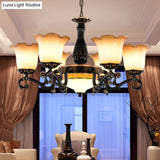 Floral Pendant Chandelier With Frosted Glass And Bulbs - Black Hanging Light For Bedroom