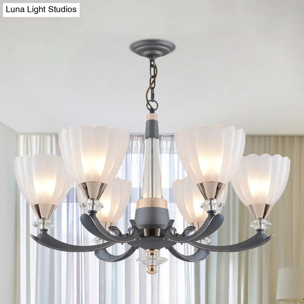 Floral Shade Opal Glass Pendant Chandelier - 6/8 Bulbs Countryside Grey Ideal For Guest Rooms