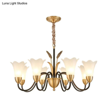 Floral Shaped White Glass Chandelier - Traditional 6/8/12 Lights Study Room Ceiling Light In Brass
