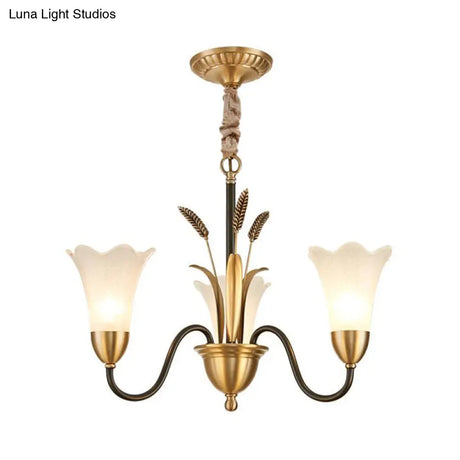 Floral Shaped White Glass Chandelier - Traditional 6/8/12 Lights Study Room Ceiling Light In Brass
