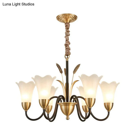 Floral Shaped White Glass Chandelier - Traditional 6/8/12 Lights Study Room Ceiling Light In Brass