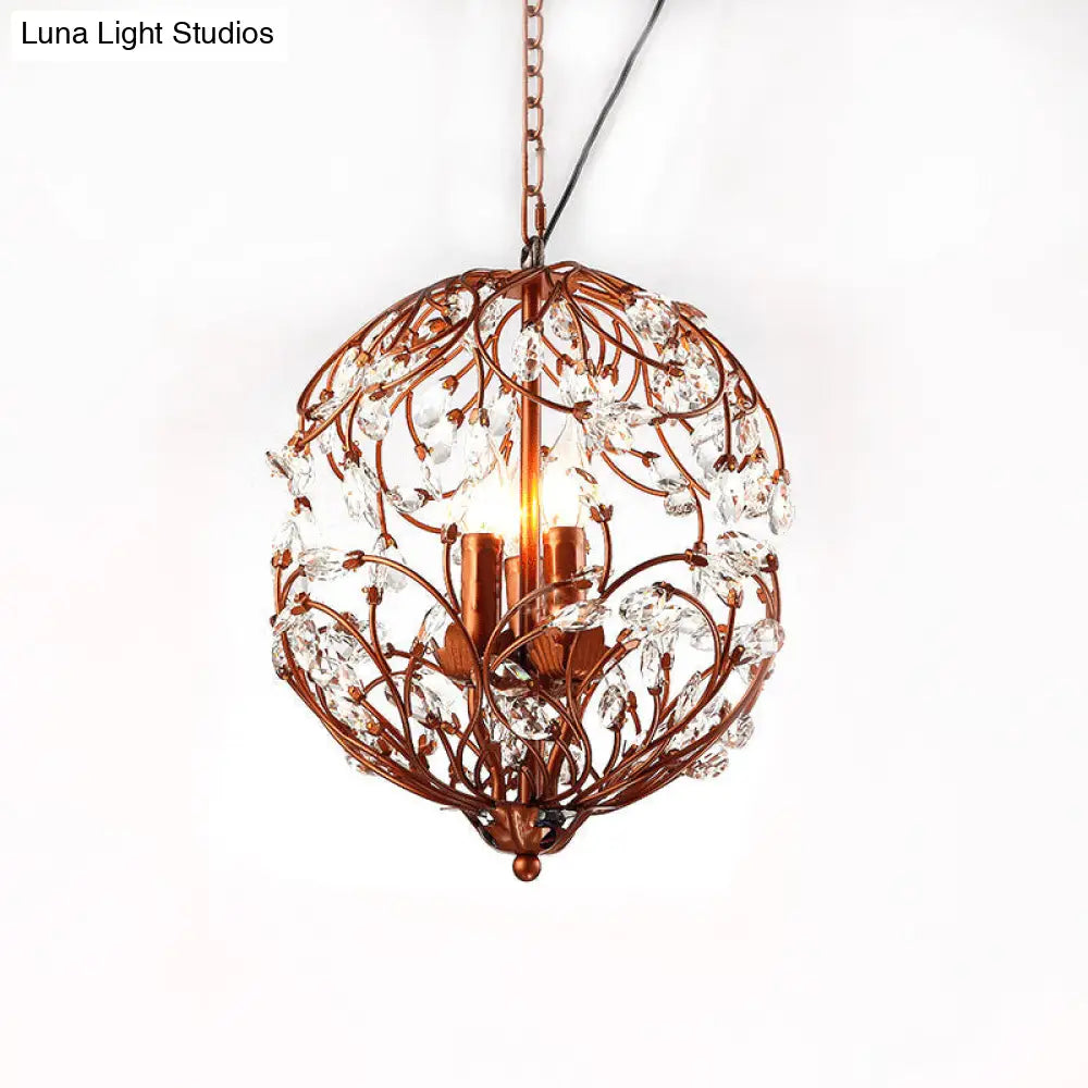 Floral Sphere Hanging Chandelier - Traditional 3-Light Black/Bronze Iron Lamp With Crystal Accent