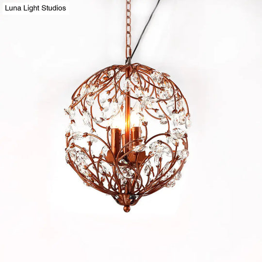 Floral Sphere Hanging Chandelier - Traditional 3-Light Black/Bronze Iron Lamp With Crystal Accent