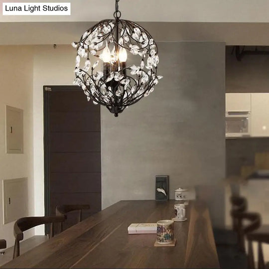 Floral Sphere Hanging Chandelier: Traditional 3-Light Black/Bronze Iron Lamp With Crystal Accent