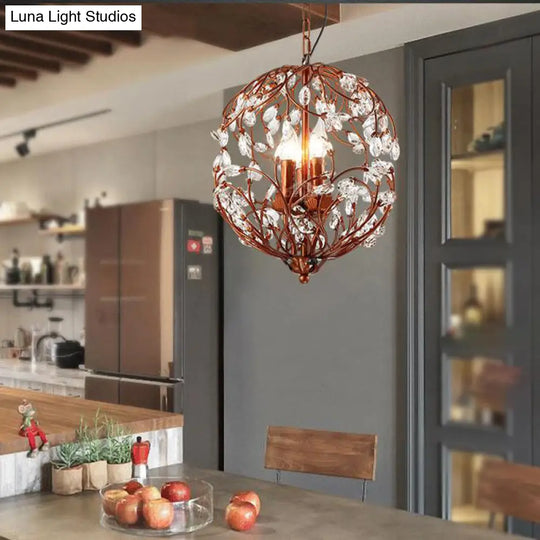 Floral Sphere Hanging Chandelier: Traditional 3-Light Black/Bronze Iron Lamp With Crystal Accent