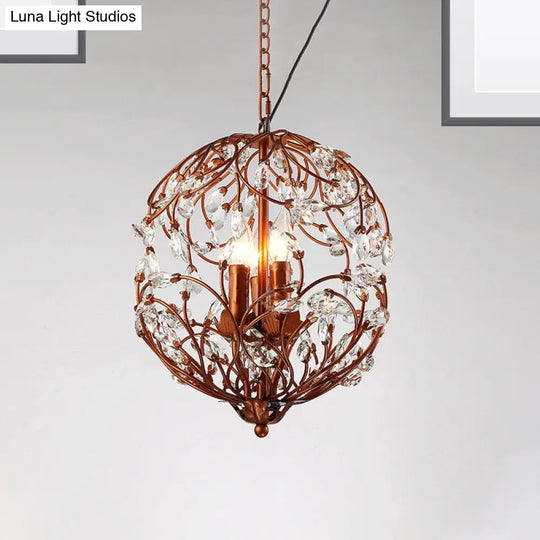 Floral Sphere Hanging Chandelier - Traditional 3-Light Black/Bronze Iron Lamp With Crystal Accent