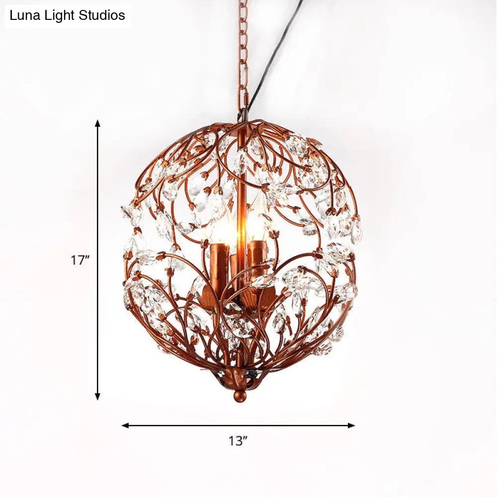 Floral Sphere Hanging Chandelier - Traditional 3-Light Black/Bronze Iron Lamp With Crystal Accent
