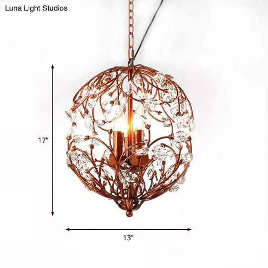 Floral Sphere Hanging Chandelier - Traditional 3-Light Black/Bronze Iron Lamp With Crystal Accent