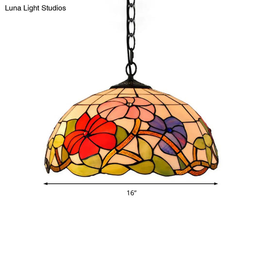 Floral Tiffany Stained Glass Suspension Light - Black Pendent Ceiling For Living Room