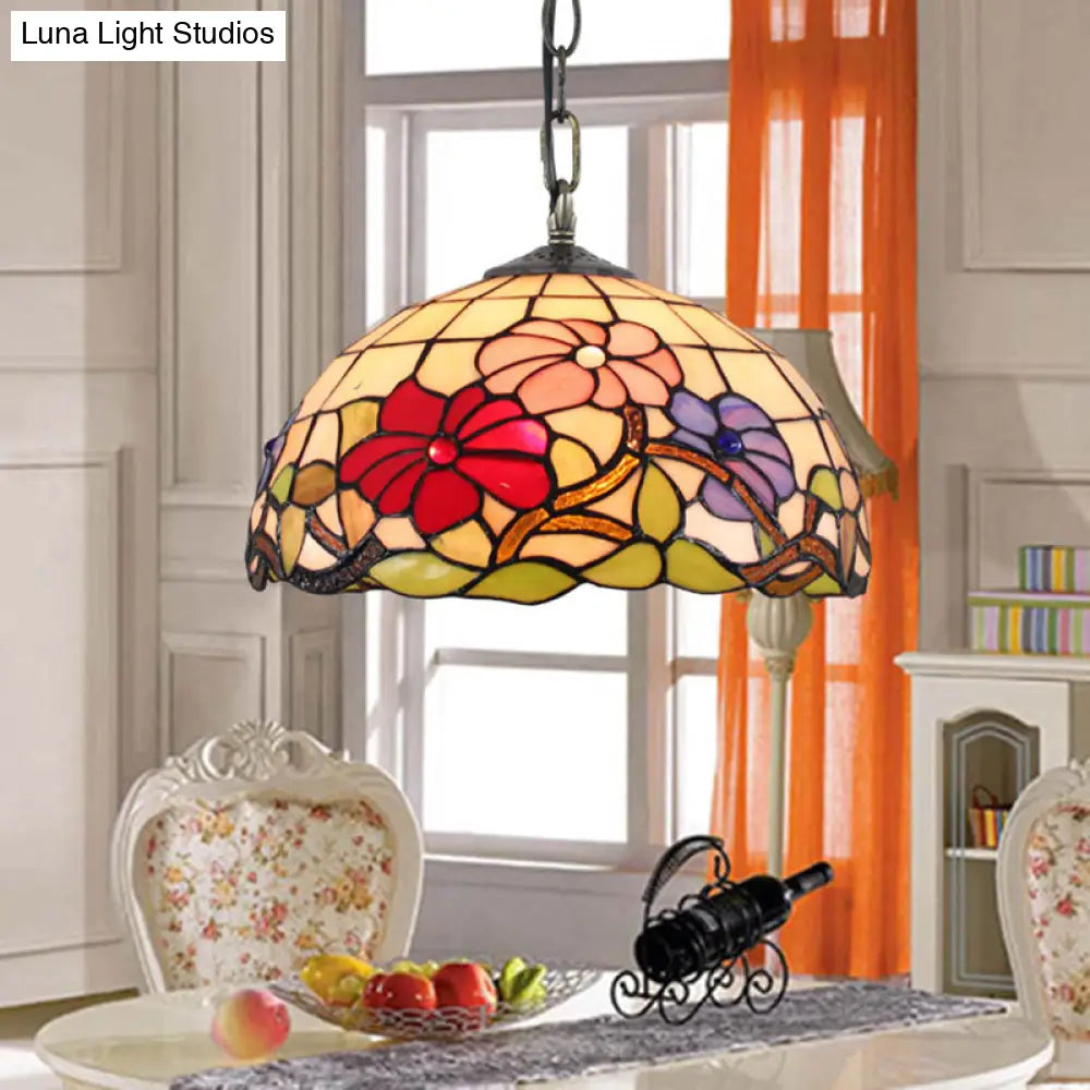 Tiffany Stained Glass Floral Suspension Light - Black Pendent Ceiling For Living Room