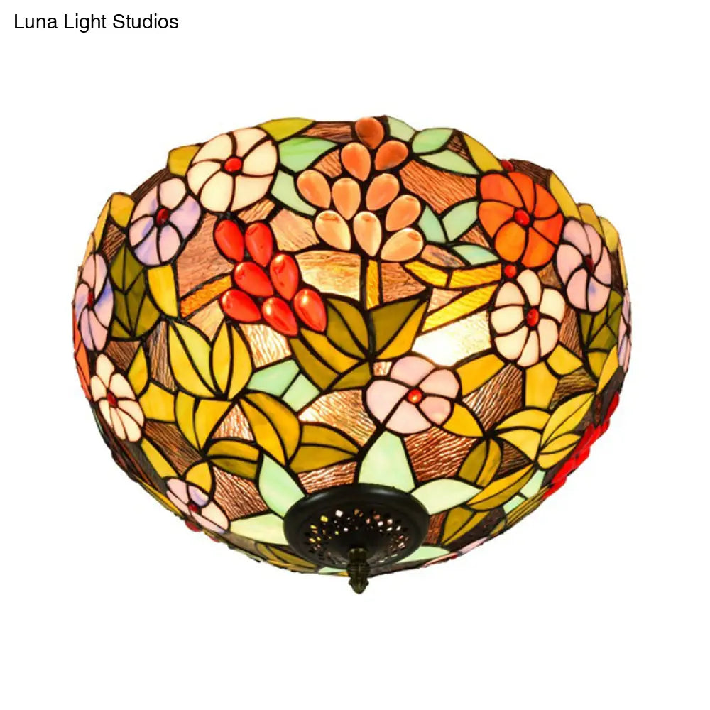 Flower Ceiling Lighting Tiffany Brass Flush Mount Light For Hallway - 2/3 Lights 12’/16’ Wide
