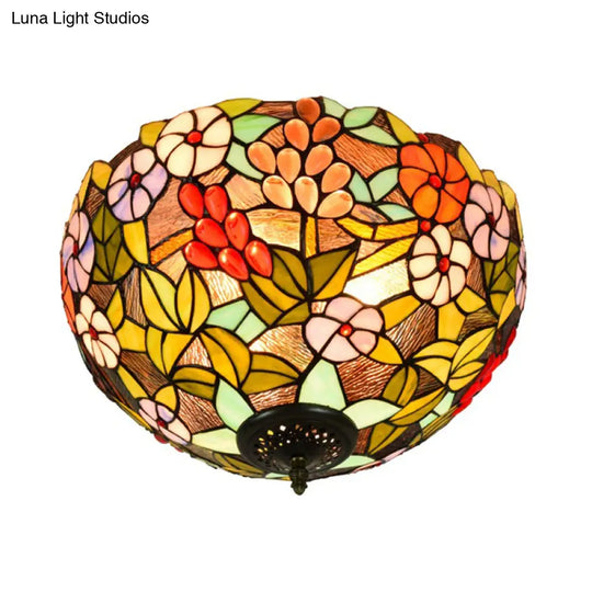 Flower Ceiling Lighting Tiffany Brass Flush Mount Light For Hallway - 2/3 Lights 12’/16’ Wide