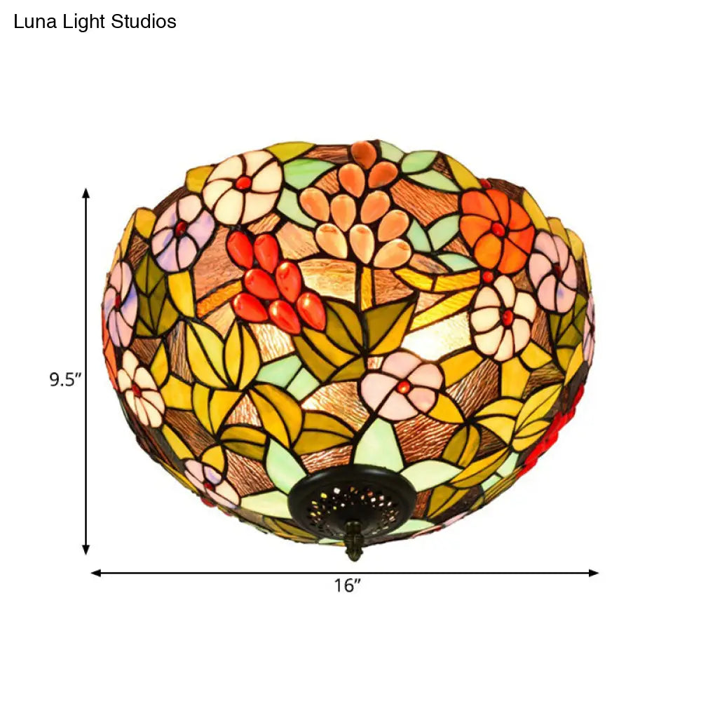 Flower Ceiling Lighting Tiffany Brass Flush Mount Light For Hallway - 2/3 Lights 12/16 Wide