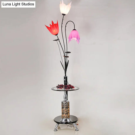 Flower Countryside Floor Lamp: Black Acrylic Tray 3-Light Design For Living Room