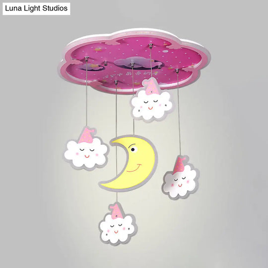 Flower Flushmount Led Ceiling Light With Sleeping Cloud And Moon - Pink Acrylic Cartoon Fixture