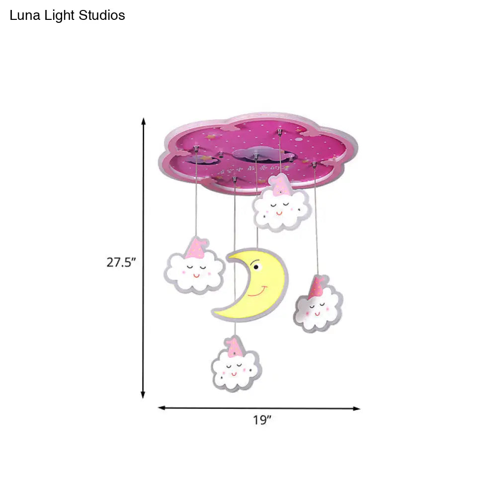 Flower Flushmount Led Ceiling Light With Sleeping Cloud And Moon - Pink Acrylic Cartoon Fixture