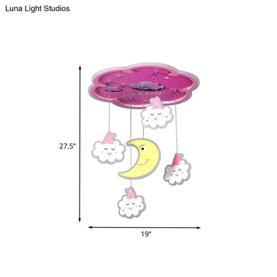 Flower Flushmount Led Ceiling Light With Sleeping Cloud And Moon - Pink Acrylic Cartoon Fixture