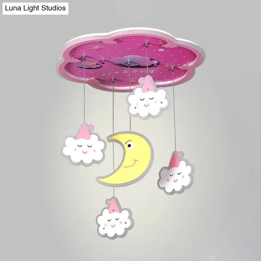 Flower Flushmount Led Ceiling Light With Sleeping Cloud And Moon - Pink Acrylic Cartoon Fixture