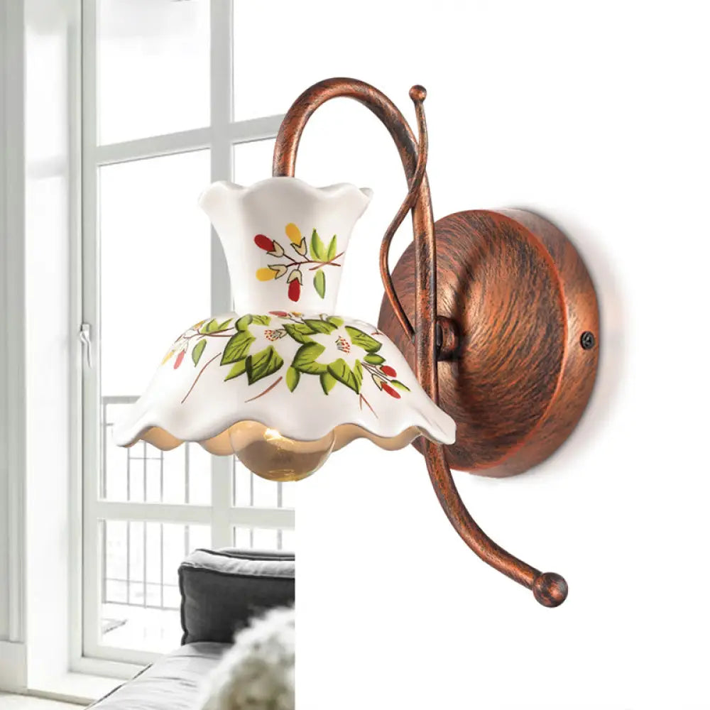 Flower-Patterned Ceramic Wall Sconce With Scalloped Design 1 Bulb White Copper Gooseneck Arm -