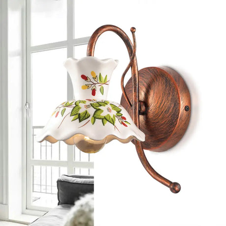 Flower-Patterned Ceramic Wall Sconce With Scalloped Design 1 Bulb White Copper Gooseneck Arm -