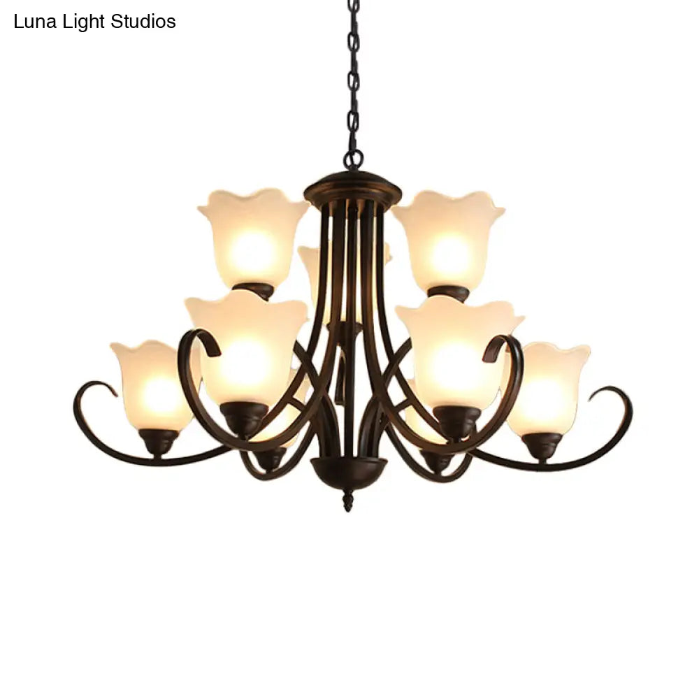 Flower-Shaped Opal Glass Pendant Lamp: Black 9-Light Classic Chandelier For Living Room