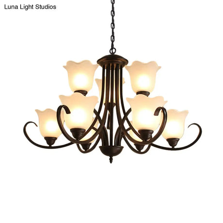 Flower-Shaped Opal Glass Pendant Lamp: Black 9-Light Classic Chandelier For Living Room