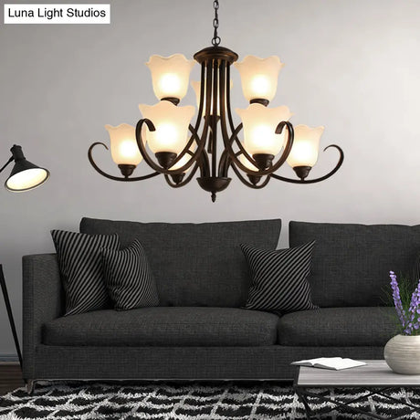 Flower-Shaped Opal Glass Pendant Lamp: Black 9-Light Classic Chandelier For Living Room