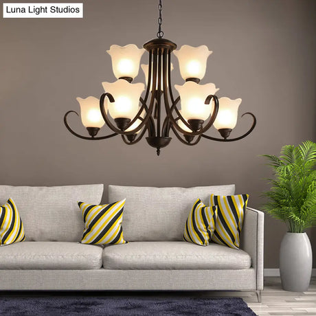 Flower-Shaped Opal Glass Pendant Lamp: Black 9-Light Classic Chandelier For Living Room