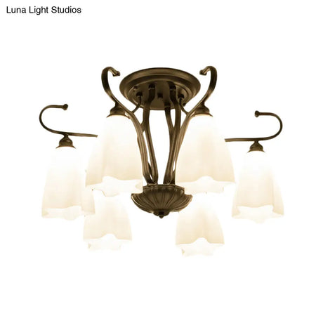 Flower-Shaped White Glass Ceiling Light Fixture With 3/6/8 Lights For Classic Living Room