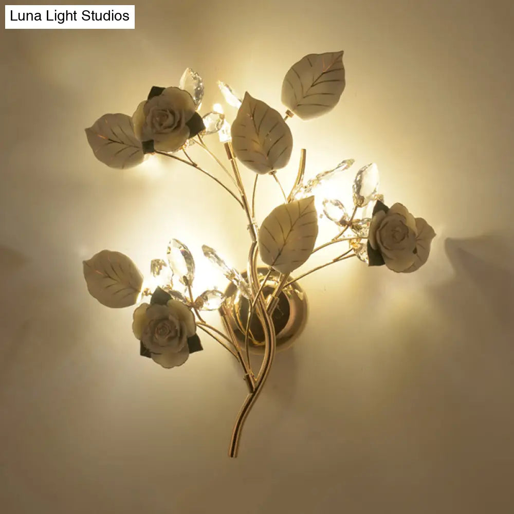 Floweret Ceramic Wall Light Kit With Gold Vine - 3 Head Mount Lighting For Korean Garden In Black