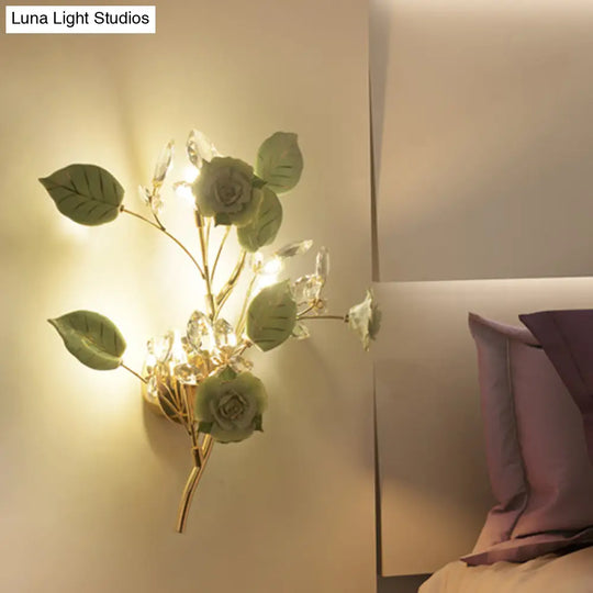 Floweret Ceramic Wall Light Kit With Gold Vine - 3 Head Mount Lighting For Korean Garden In Black