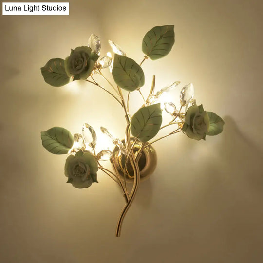 Floweret Ceramic Wall Light Kit With Gold Vine - 3 Head Mount Lighting For Korean Garden In Black