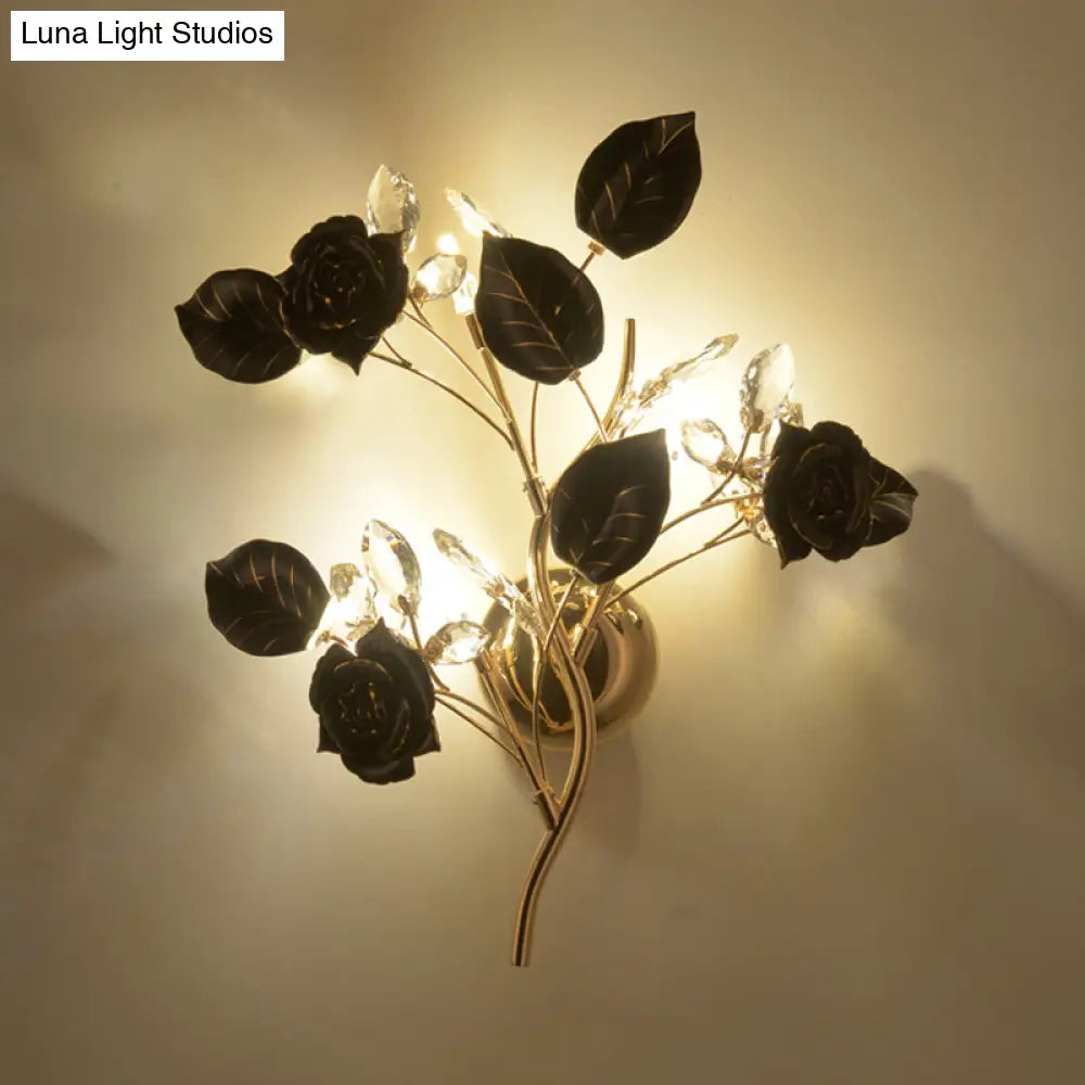 Floweret Ceramic Wall Light Kit With Gold Vine - 3 Head Mount Lighting For Korean Garden In Black