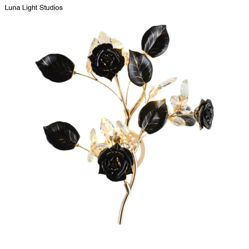 Floweret Ceramic Wall Light Kit With Gold Vine - 3 Head Mount Lighting For Korean Garden In Black
