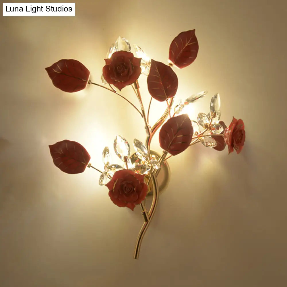 Floweret Ceramic Wall Light Kit With Gold Vine - 3 Head Mount Lighting For Korean Garden In Black