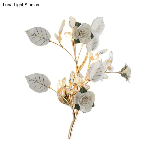 Floweret Ceramic Wall Light Kit With Gold Vine - 3 Head Mount Lighting For Korean Garden In Black