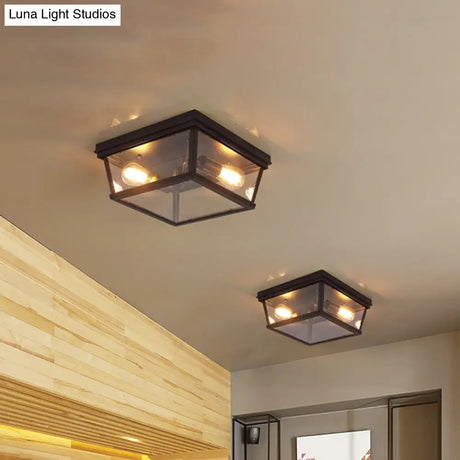 Flush Mount Farmhouse Ceiling Light With 2 Bulbs - Black Cube Design And Clear Glass Ideal For