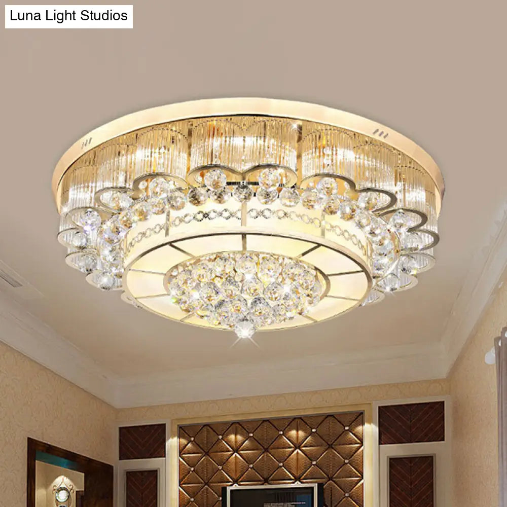 Flush Mount Led Crystal Ball Ceiling Lamp In Chrome - Modern Tiered Design For Living Room (24/32 W)