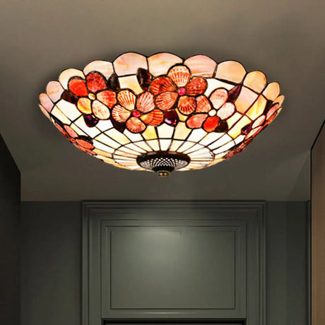Flushmount Tiffany Shell Ceiling Light Fixture With Peony Pattern Pink 3/4 Bulbs Various Sizes / 16’