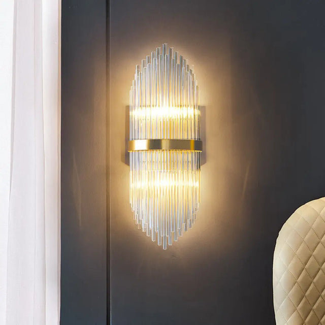 Flute-Shaped Wall Sconce With Clear Crystal Rods - Bedside Light In Gold