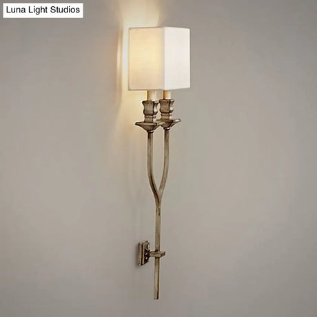 Fork Shape Wall Sconce Countryside Metal Light Fixture - 2-Bulb White/Rust Finish With Fabric