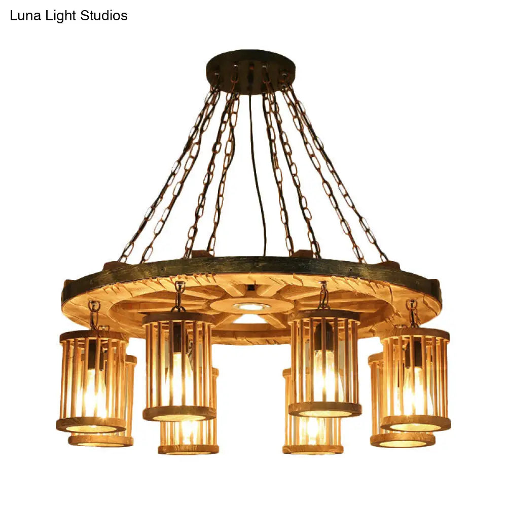 Françoise - Retro Cylinder Chandelier Light Fixture 8-Bulb Wood Ceiling Pendant With Wheel For