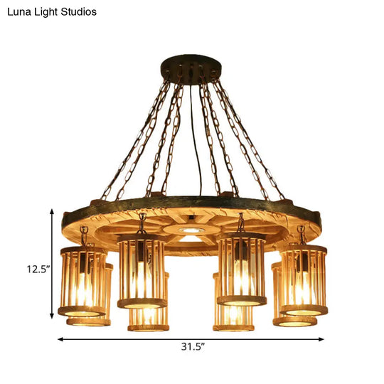 Françoise - Retro Cylinder Chandelier Light Fixture 8-Bulb Wood Ceiling Pendant With Wheel For
