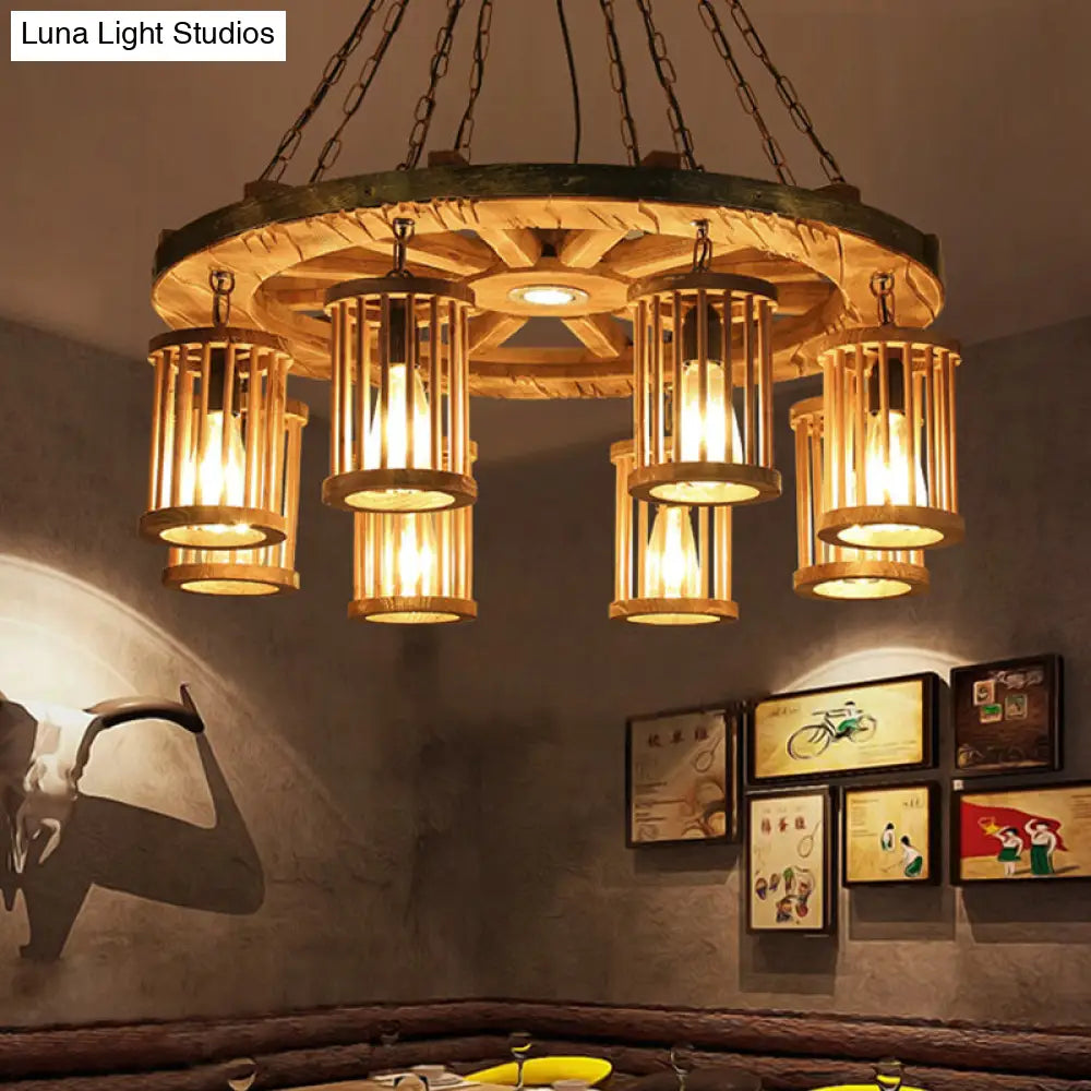 Françoise - Retro Cylinder Chandelier Light Fixture 8-Bulb Wood Ceiling Pendant With Wheel For