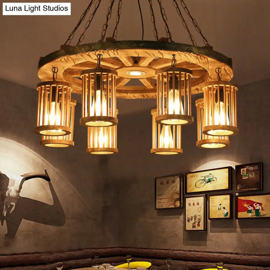 Françoise - Retro Cylinder Chandelier Light Fixture 8-Bulb Wood Ceiling Pendant With Wheel For