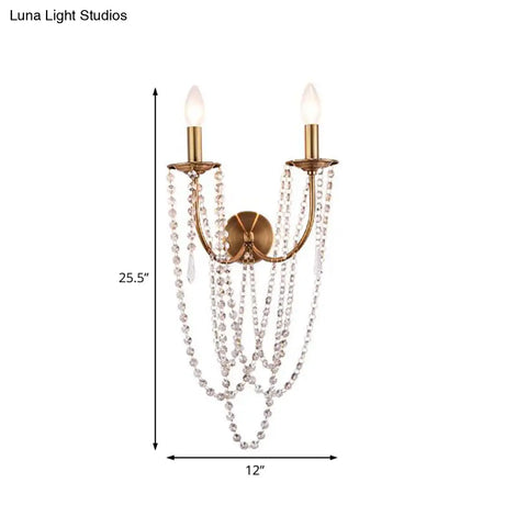 French Country 2-Head Metallic Open Bulb Wall Mount Lamp With Clear Crystal Bead - Brushed Brass