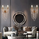 French Country 2-Head Metallic Open Bulb Wall Mount Lamp With Clear Crystal Bead - Brushed Brass