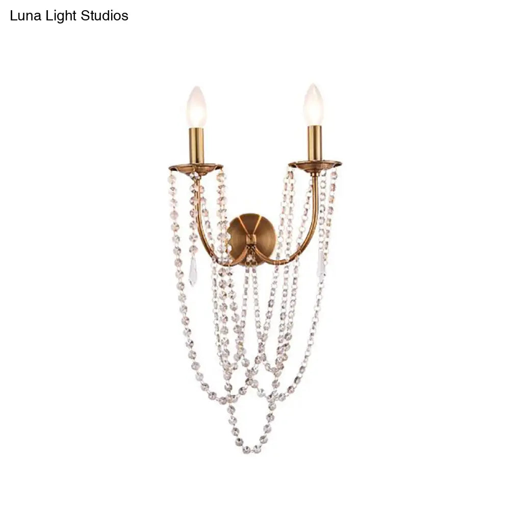 French Country 2-Head Metallic Open Bulb Wall Mount Lamp With Clear Crystal Bead - Brushed Brass