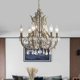 French Country 6-Light Crystal Candle Chandelier In Antiqued Grey